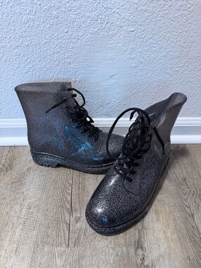 Urban Outfitters Black Glitter Lace-Up Rain Boots